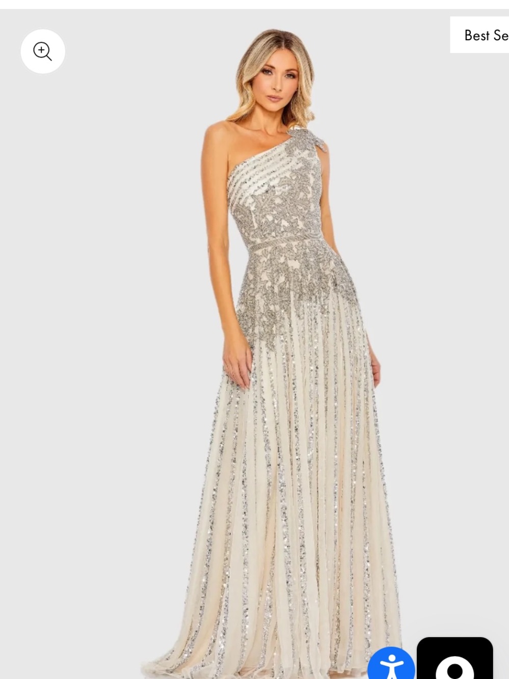 Mac Duggal Ivory One-Shoulder Gown with Silver Sequin Detail size 4